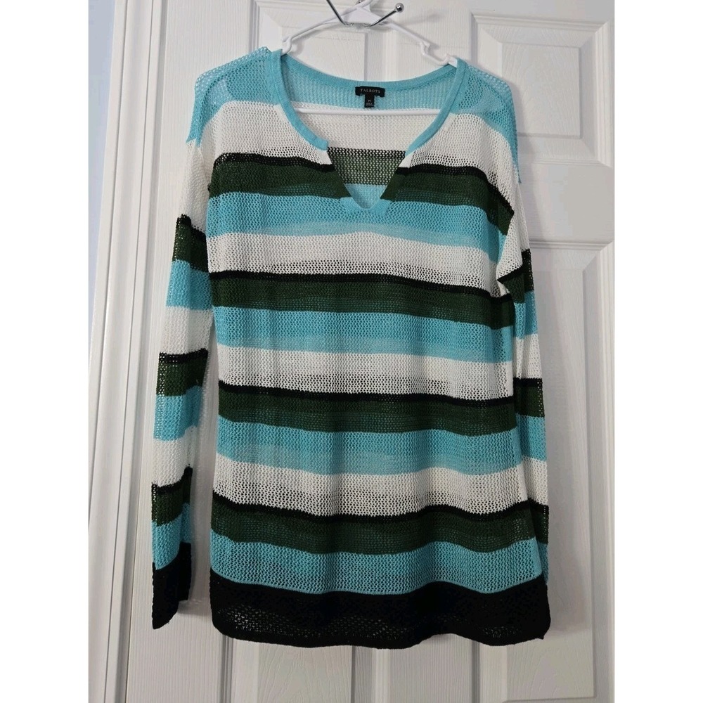 Talbots Womans Linen Blend Long Sleeve Pullover Sweater Size Medium Striped